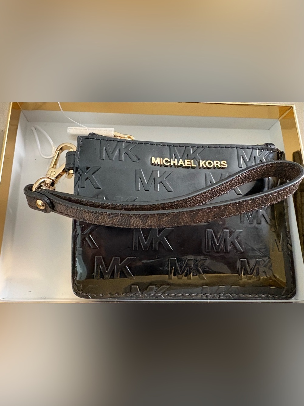 Michael Kors Black Patent Embossed MK Wristlet with Gold Hardware - Picture 2 of 4